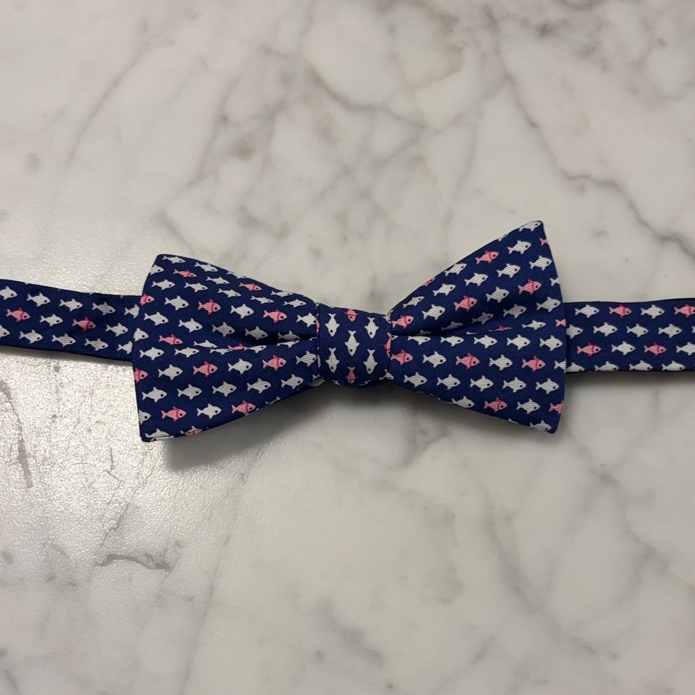 Chaps Kids Bow Tie with Navy and Pink Fish Design 100% Silk